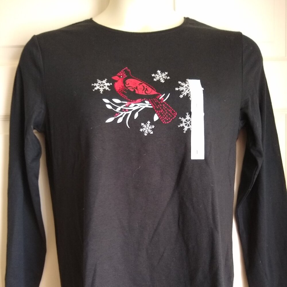 Croft Barrow Top Womens Black Long Sleeve Cotton Christmas Cardinal T-Shirt